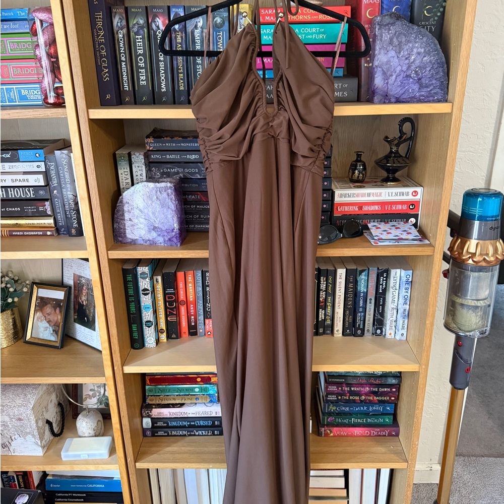 12th Tribe Backless Brown Halter Maxi Dress - Picture 4 of 8